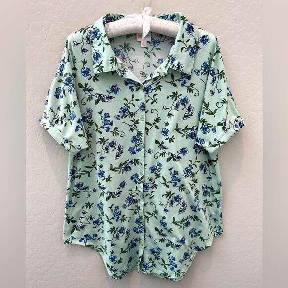 LuLaRoe Tops - LULAROE | Blue Floral Button Down Short Sleeve Relaxed Fit Top | Medium